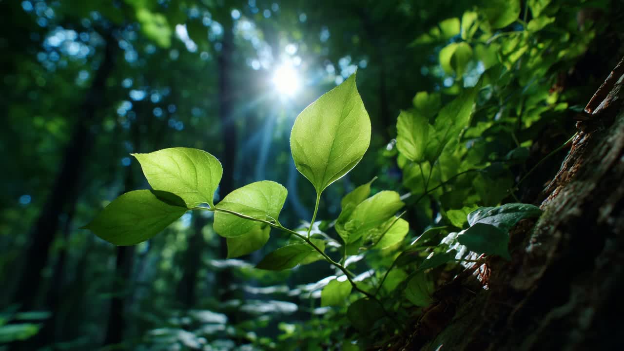 Vibrant Sunlight Illuminating Lush Green Leaves in a Serene Forest, Showcasing Nature's Beauty through a Close-Up Perspective of Foliage and Captivating Light Effects