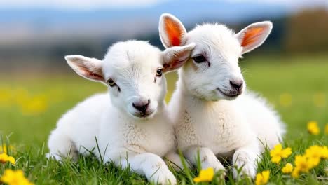 two baby goats laying in the grass