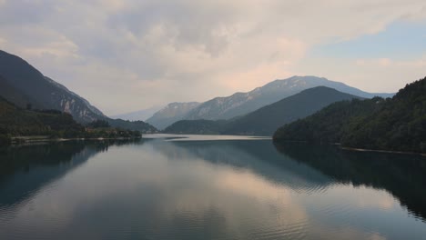 Aerial-view-over-the-Ledro-lake,-Trentino,-Italy