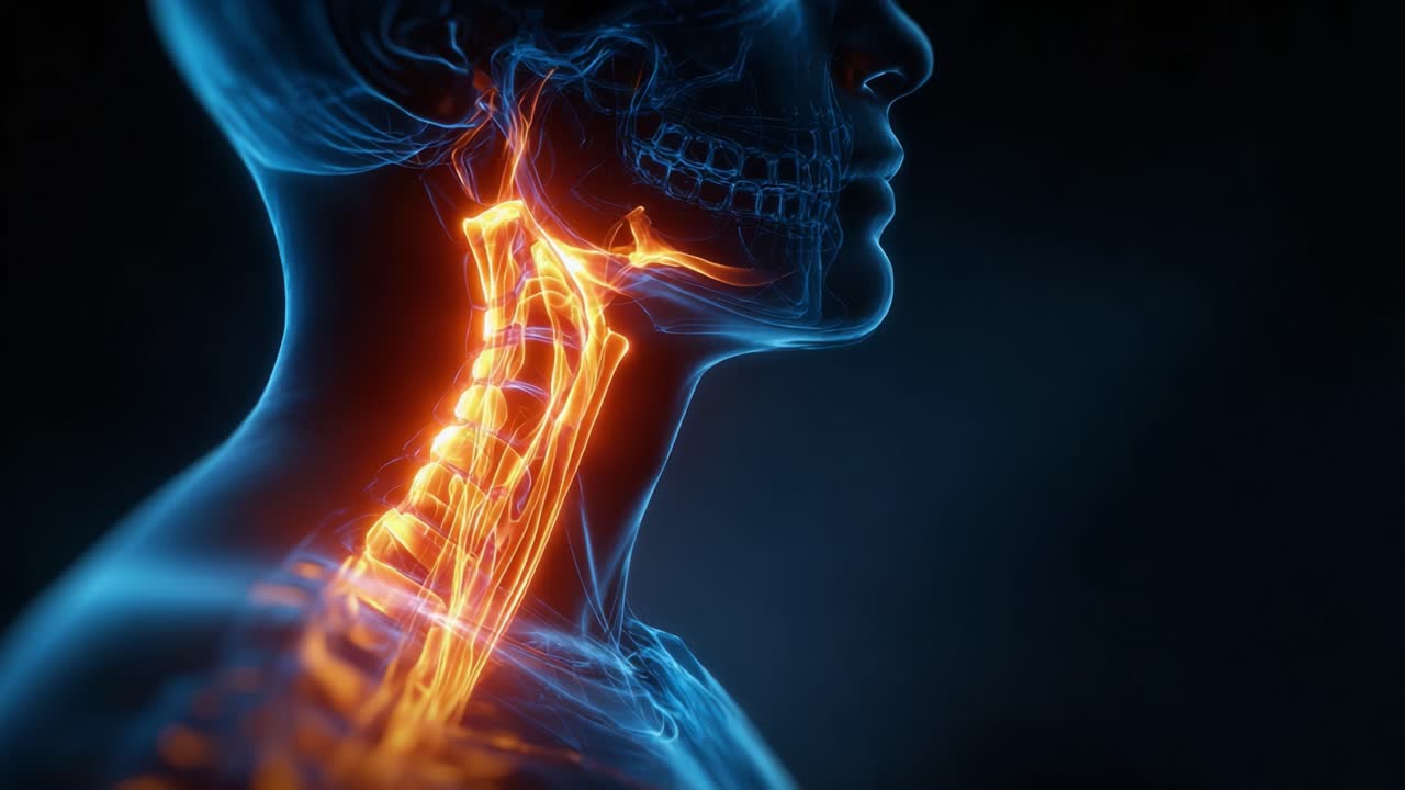 Esplorazione Anatomica del Collo Umano: Evidenziando le Complesse Strutture della Colonna Cervicale e dei Muscoli Circostanti in Sbalorditivo Dettaglio Luminescente.