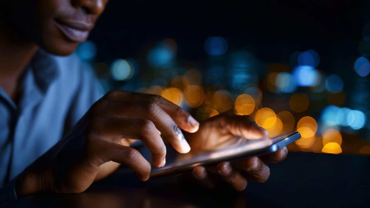 A person engaged in smartphone activity at night, illuminated by screen light, amidst a backdrop of blurred urban city lights creating a vibrant atmosphere