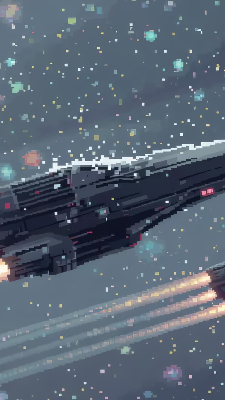 Vertical video: Engine flare sending pixel ship cruising through stars, trailing engines and escort