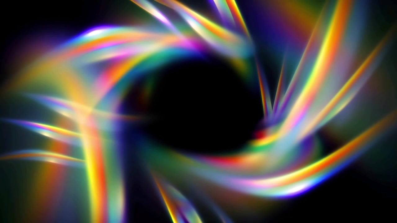 Effetti di luce arcobaleno astratti e rifrazioni prismatiche su sfondo nero