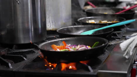 chef adds sliced vegetables to hot pan over flames on stove in commercial restaurant kitchen, slow motion 4k