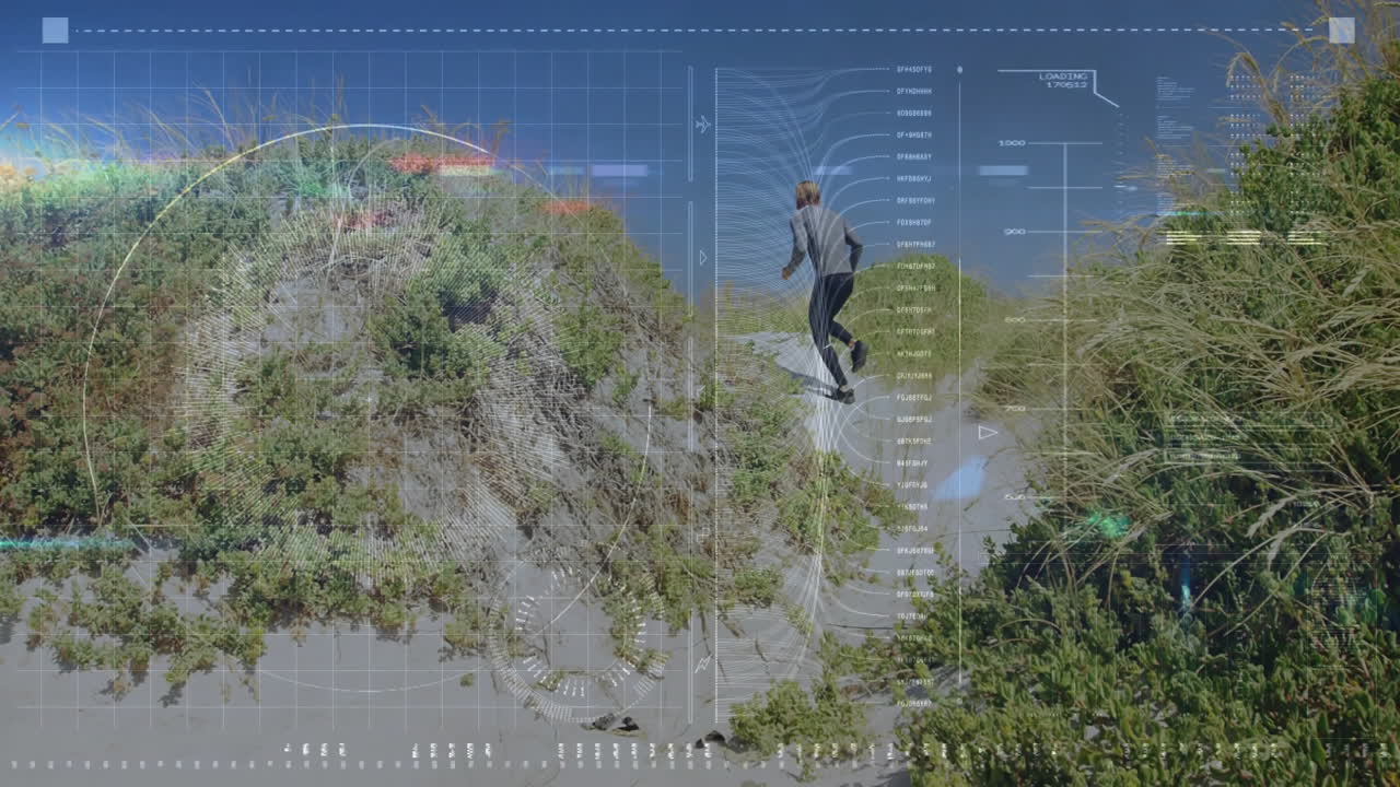 Climbing sandy hill, person with digital data overlay, animation of rainbow effect