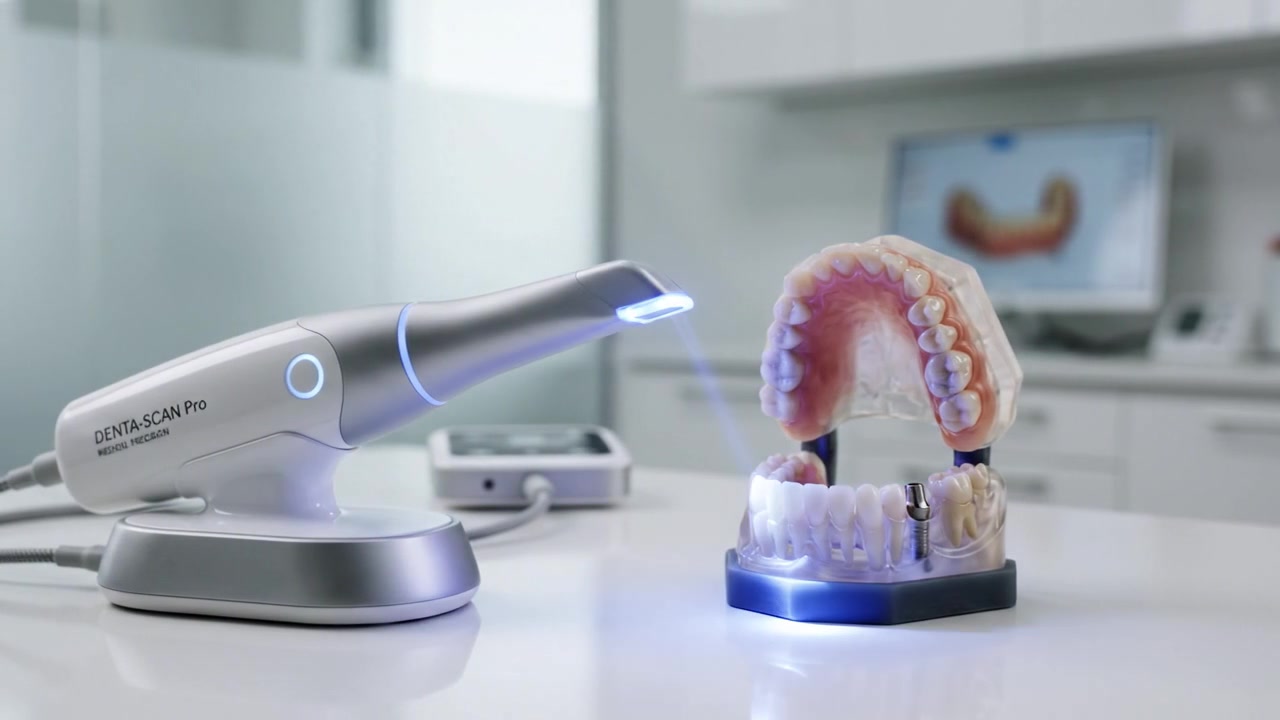 Tooth model and dental instruments arranged on a clean surface inside a modern professional medical environment