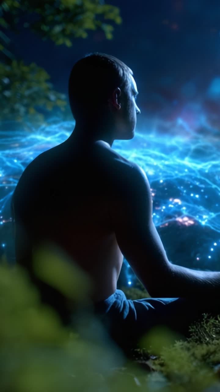 Una figura contemplativa in mezzo a una rete luminosa di energie, che incarna la tranquillità e la connessione con l'universo, avvolta in un sereno ambiente circostante