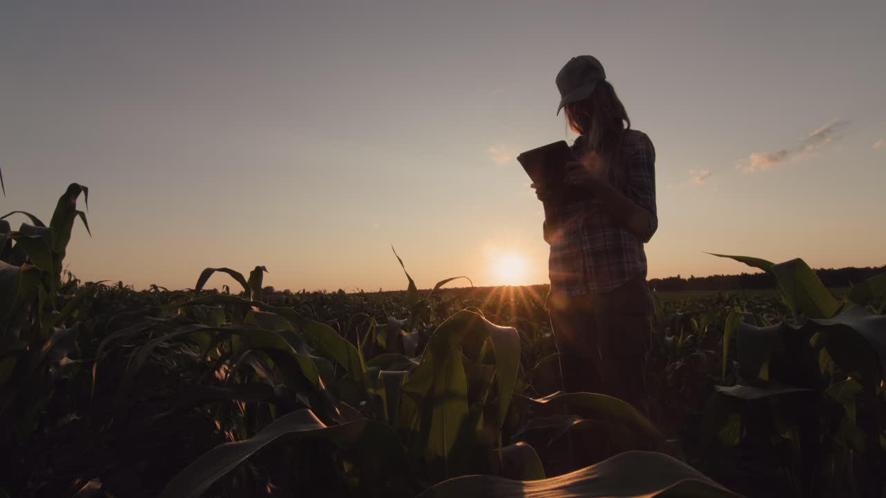 una mujer granjera está de pie en un campo de maíz al atardecer. usa una tableta. video 4k