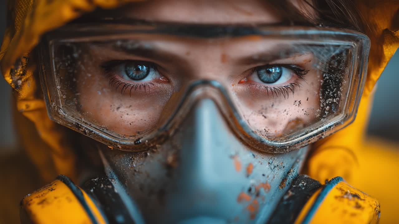 Intense Close-Up of a Person in Protective Gear: A Portrait Capturing Determination and Focus Amidst a Challenging Environment