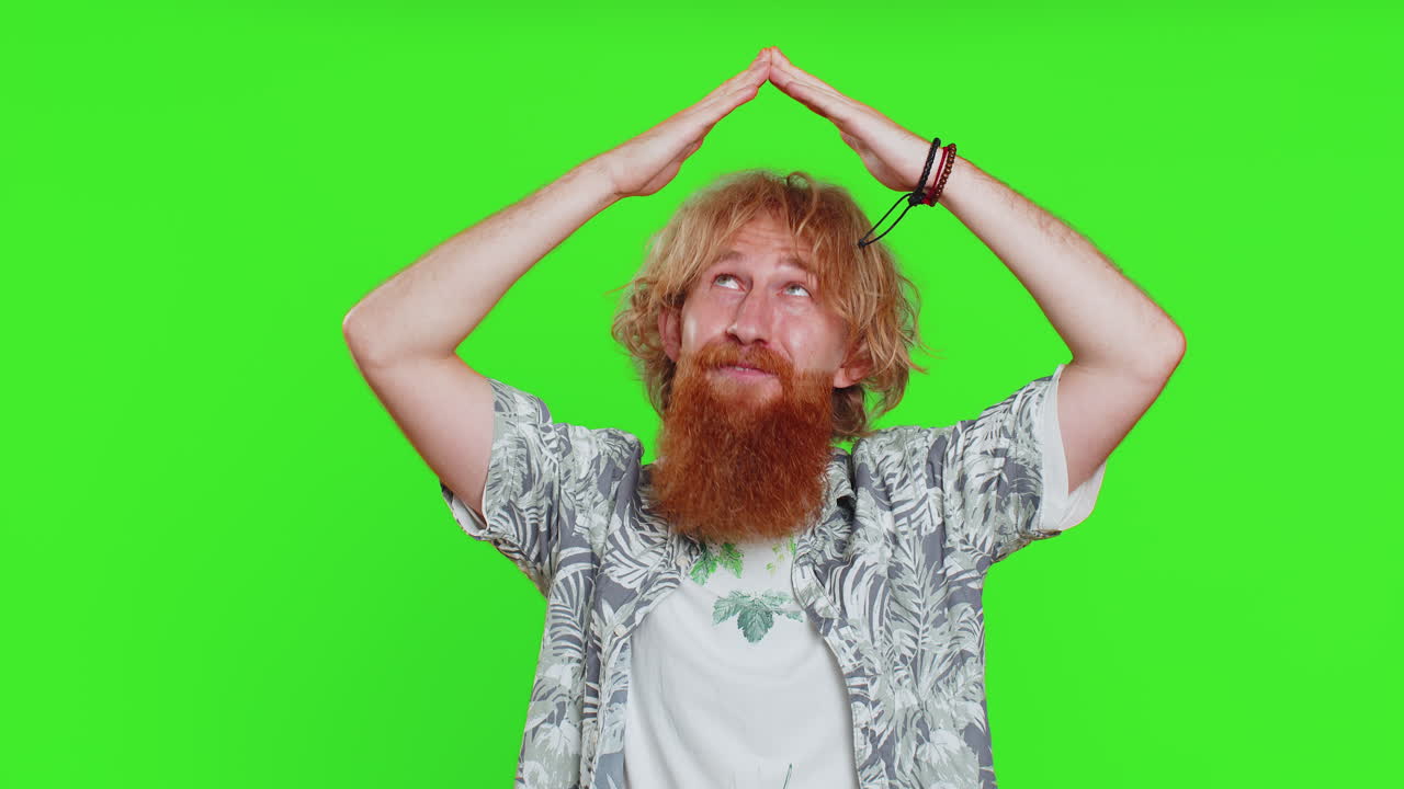 Man feeling in safe making roof above head with hands insurance security service playing game