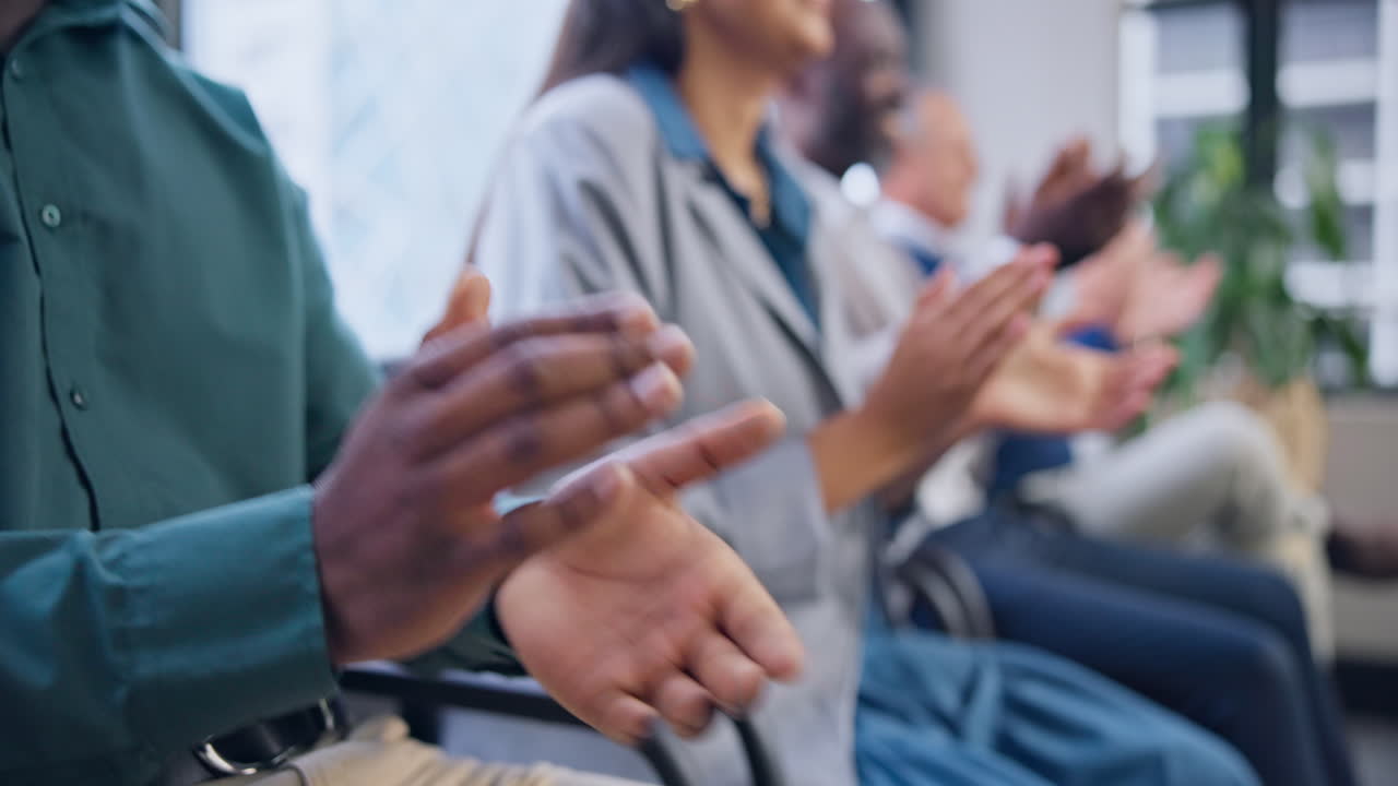 Business people, hands and applause in meeting