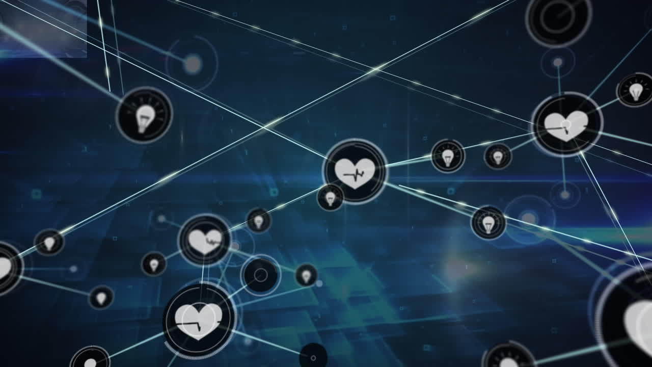 animación de una red de iconos digitales sobre formas cuadradas brillantes contra un fondo azul