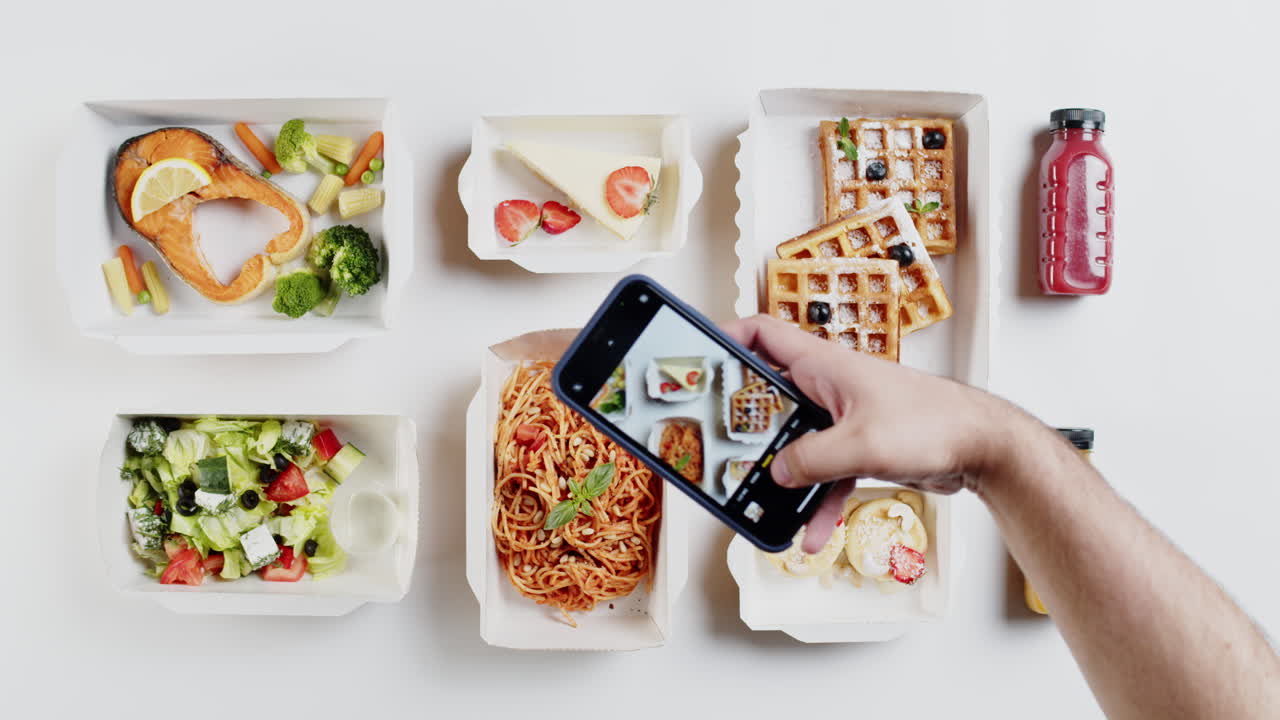 Mano fotografiando diversos platos de comida para llevar con un smartphone