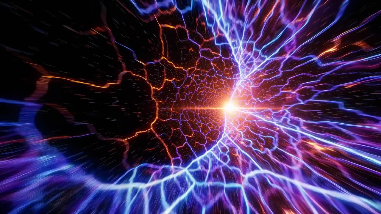 Video dinamico di un wormhole cosmico con un motivo blu elettrico vorticoso, ripreso da una posizione centrata