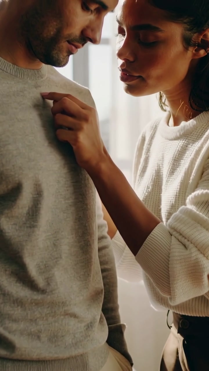 Woman Gently Touching Man's Chest in an Intimate Moment