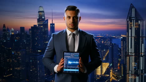 businessman presenting financial data on a tablet with cityscape backdrop