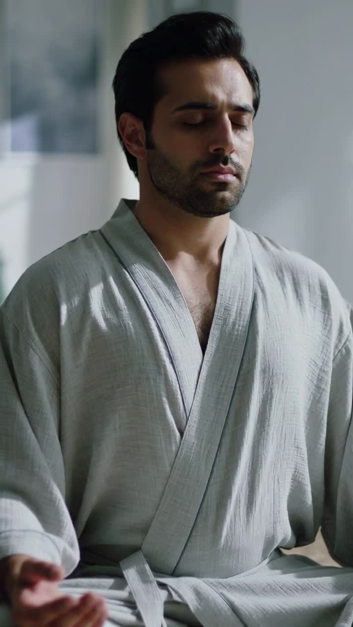 Vidéo verticale : Une lumière douce de la fenêtre éclaire un homme méditant pour le calme dans une véranda, portant une robe kimono.