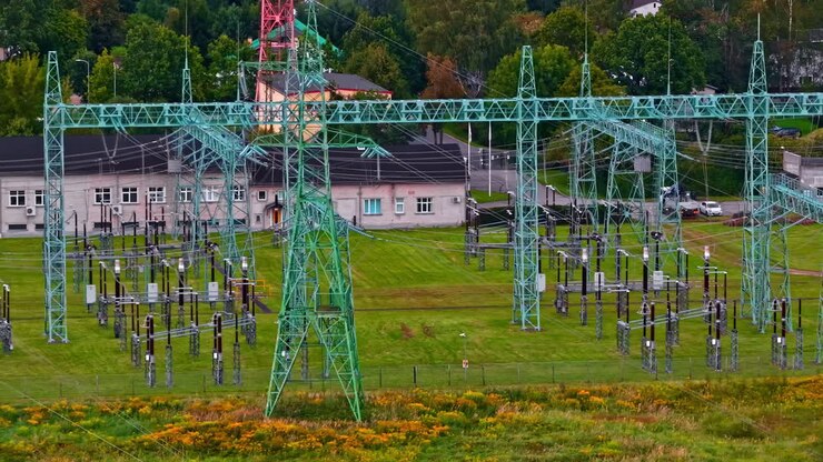A high-voltage power substation with metal lattice towers, transformers, and dense wiring set across a green field, with nearby utility buildings and trees in the background