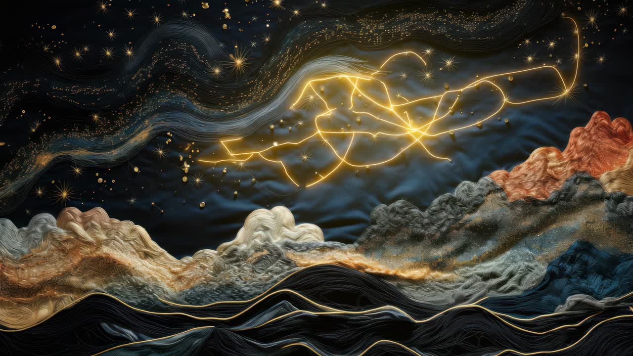 Vista aerea di un cielo notturno surreale con nuvole e stelle vorticose, simile a un video onirico
