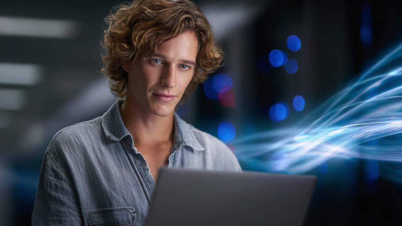 Focused Professional Engaging with Technology in a Modern Environment, Highlighting the Interaction Between Human Intelligence and Digital Connectivity