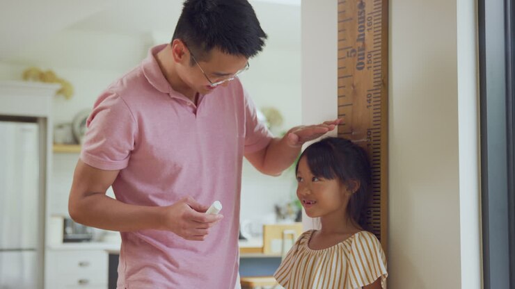 Asian Father Measuring Daughter On Wall Scale At Home As She Stands On Tip Toes