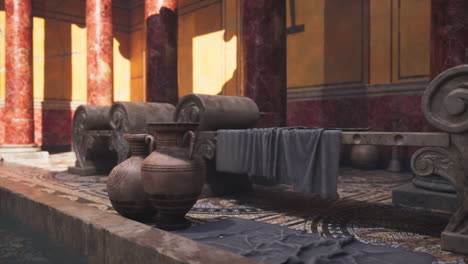 ancient pottery displayed in a historic roman villa setting during daylight