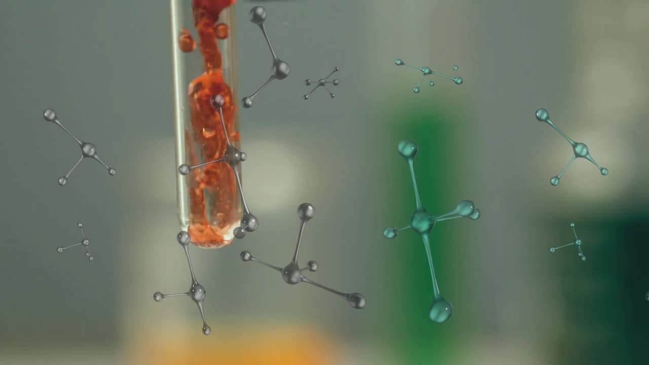 reacciones químicas en tubo de ensayo con estructuras moleculares animadas en laboratorio