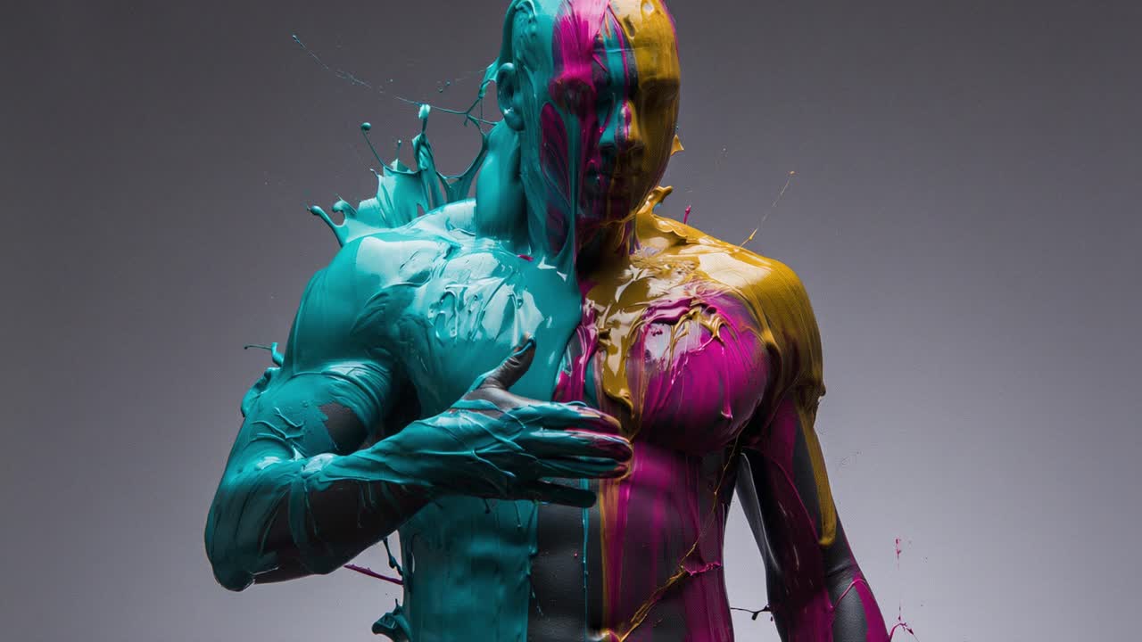 Vibrant color explosion on a sculpted figure with paint splashing in a studio setting showcasing dynamic artistic expression