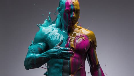 vibrant color explosion on a sculpted figure with paint splashing in a studio setting showcasing dynamic artistic expression