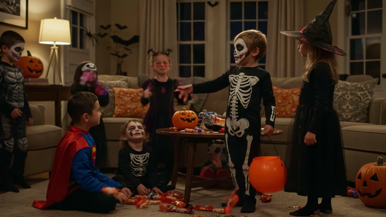 A Spooktacular Halloween Celebration: Kids Dressed in Skeleton Costumes Joyfully Collecting Candy and Enjoying Festive Decorations in a Cozy Living Room Setting