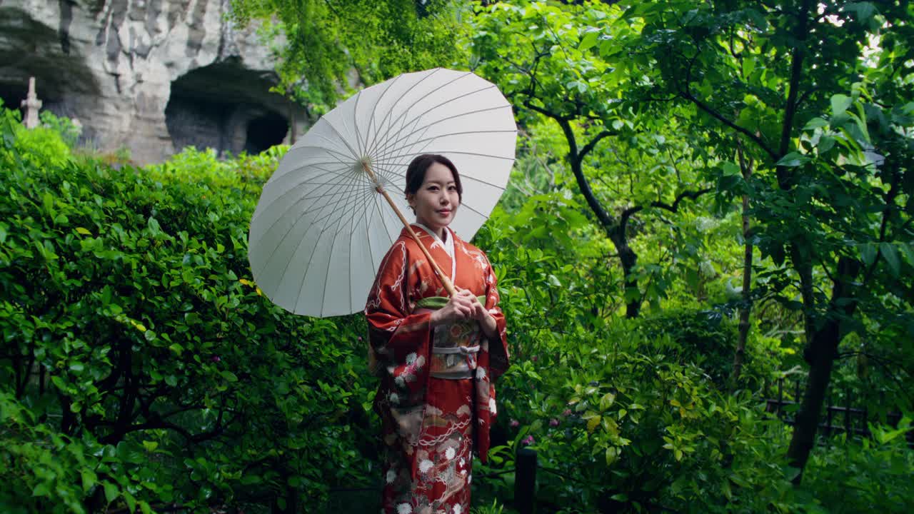 Japanese Woman in Kimono with Umbrella in a Garden
