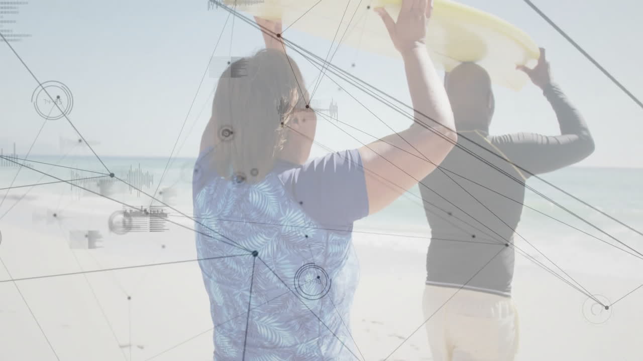 couple lifting surfboard on beach, displaying animated wave chart for travel marketing