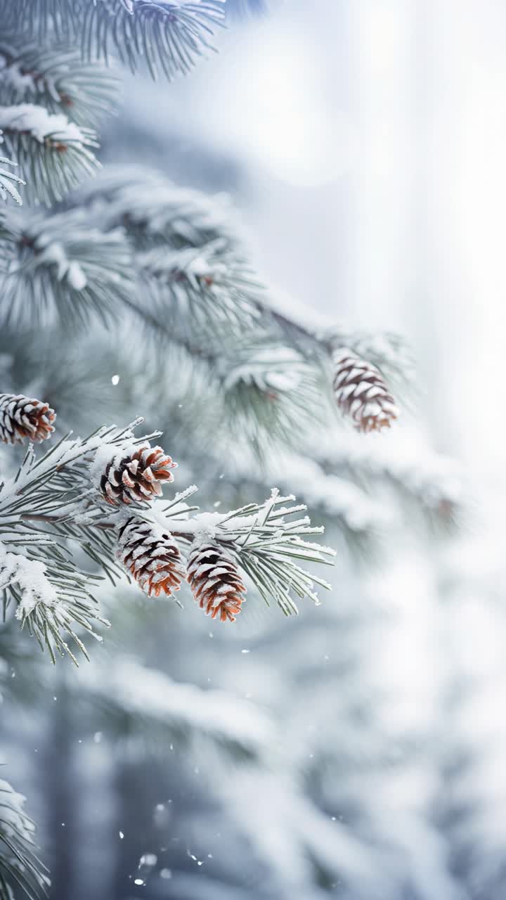 Close-up video angle of snow-covered pine branches, capturing a serene winter scene