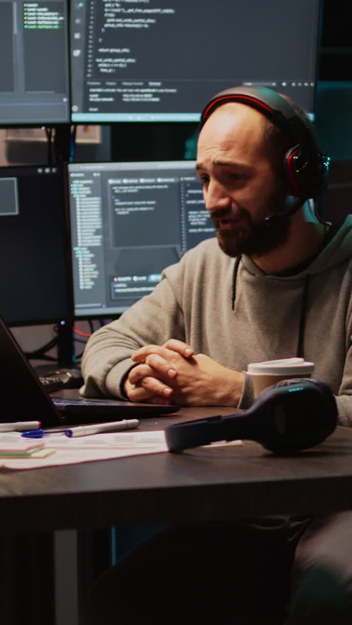 Vertical video: Software developer attending online videocall conference on laptop