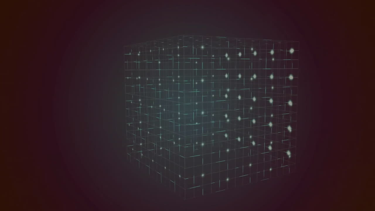 Animation of cube with light spots and lines on black background