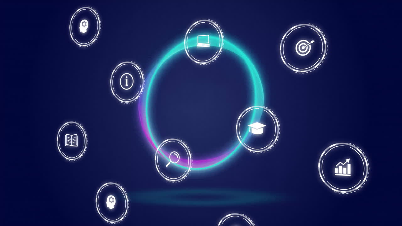 iconos que representan varios conceptos como la educación y la tecnología, flotando en animación circular