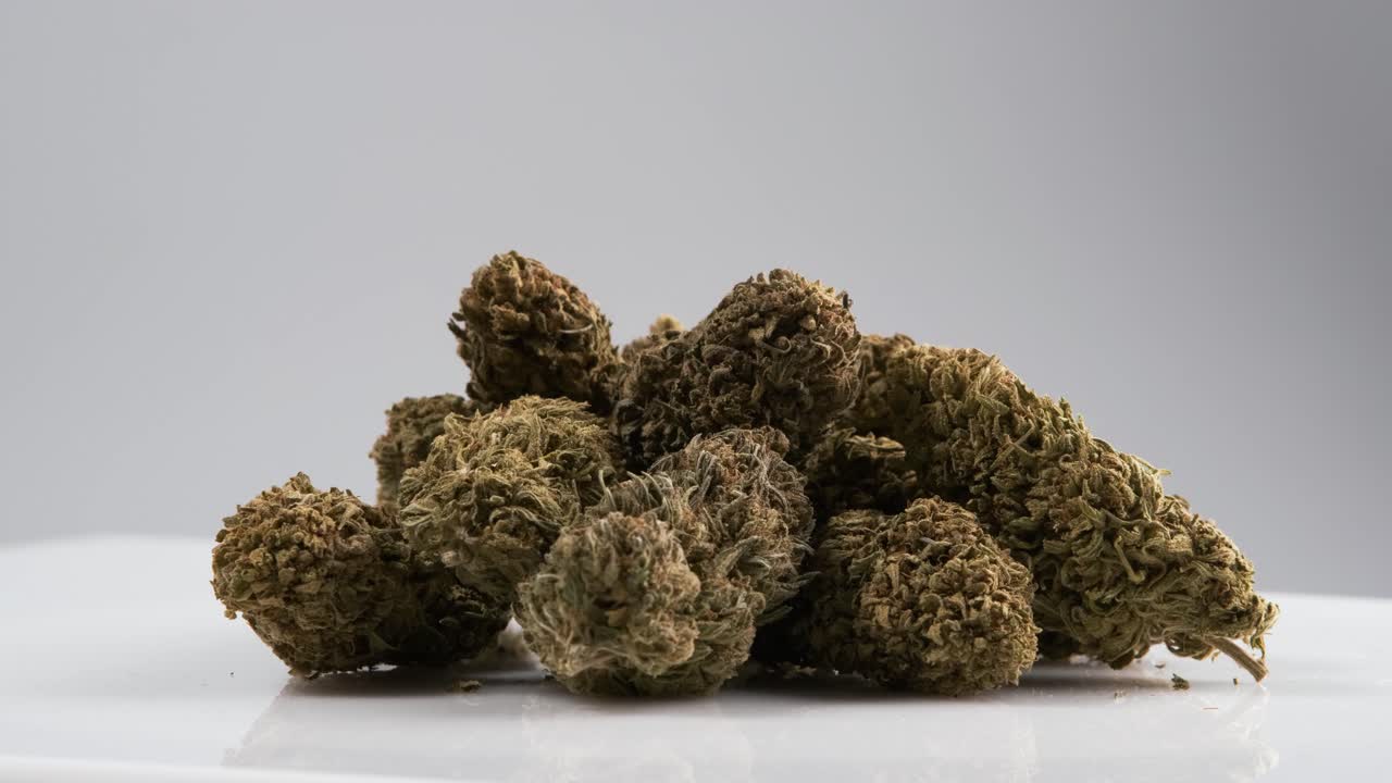 Many Marijuana CBD buds rotating on a white background