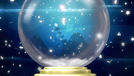 animation of christmas snow globe with snow falling on blue background