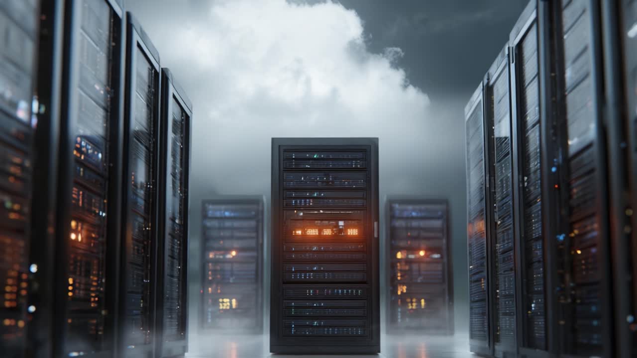 Udforskning af den komplekse arkitektur i et datacenter med højtydende servere oplyst af stemningsbelysning og omgivet af teknologi