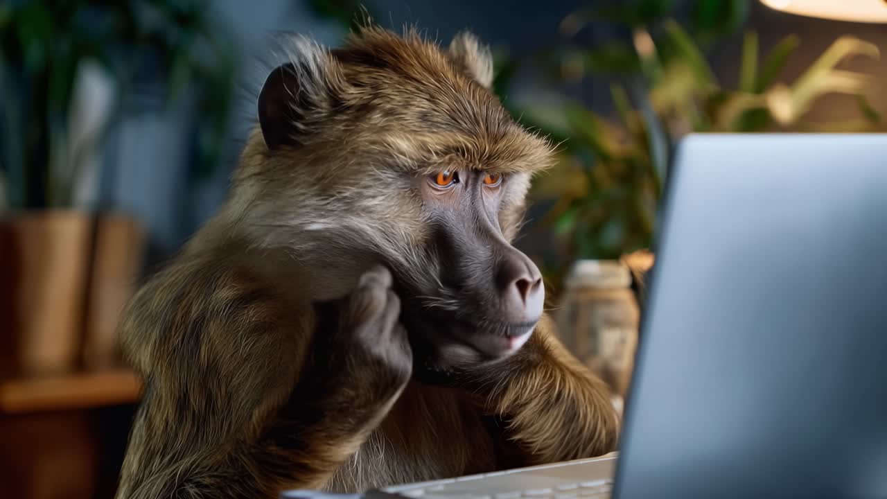 Scimmia curiosa fissa lo schermo di un laptop. Digita i tasti con dita attente. Siede eretta alla scrivania con occhi concentrati. L'illuminazione soffusa evidenzia la pelliccia e l'espressione. L'ambiente d'ufficio fonde natura e tecnologia.