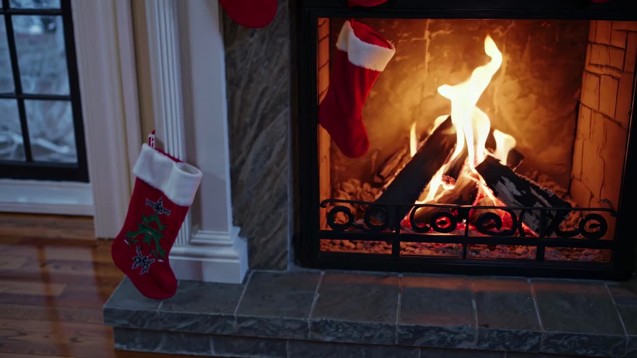 Cozy Christmas scene with stockings by a fireplace. Warm, inviting ambiance captured from a low