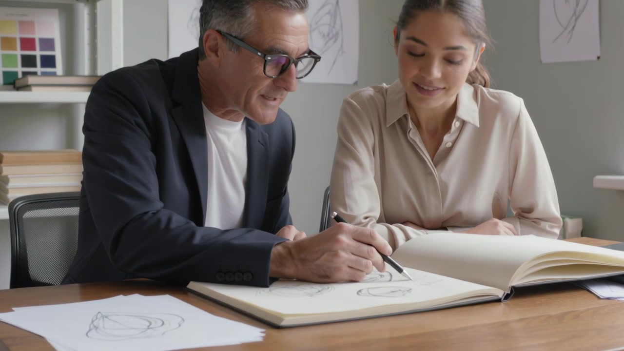 Mentore in blazer scuro che si china, disegna e indica un quaderno da disegno sulla scrivania, guidando uno studente con una penna.