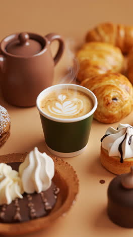steaming latte with pastries and desserts