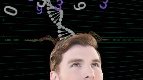 animation of man looking up and rotating dna strand over graph and data processing on black