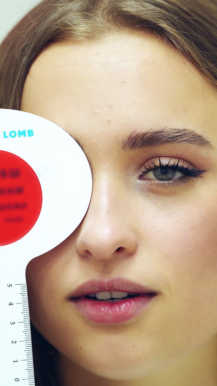 Woman having eye exam. Beautiful girl checks vision at ophthalmologist with one eye closed. Vertical video