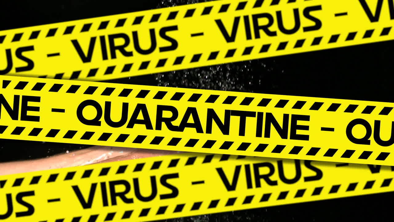 Words Virus and Quarantine written on yellow tape over person washing hands on black background.