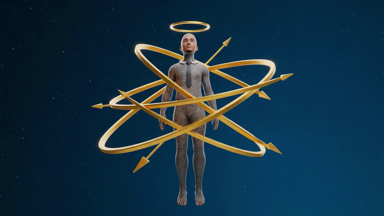 A Surreal Depiction of a Human Form Encircled by Golden Rings and Arrows, Representing Energy and Spiritual Transformation in a Cosmic Context