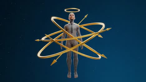 a surreal depiction of a human form encircled by golden rings and arrows, representing energy and spiritual transformation in a cosmic context