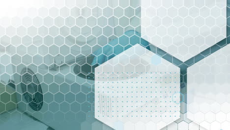 animation of hexagons and scientific data processing over male scientist in laboratory