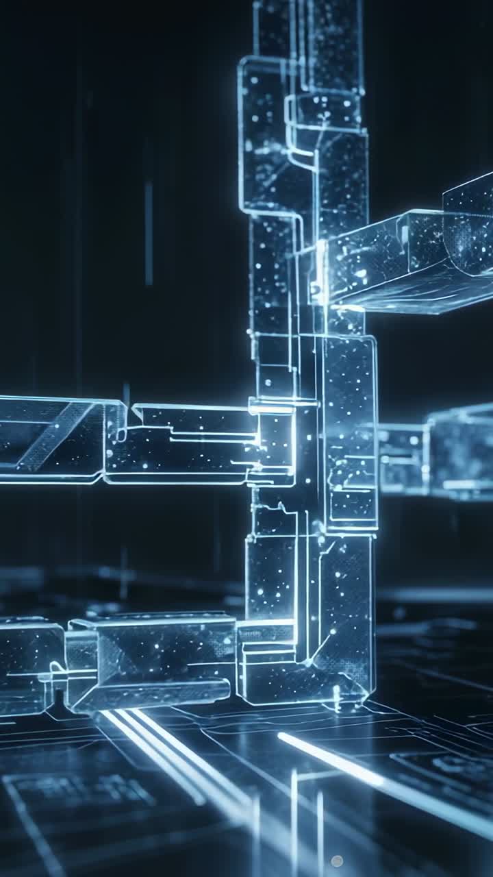 Vertical video: Pulsing glowing blocks and drifting particles animating virtual grid, for data flow